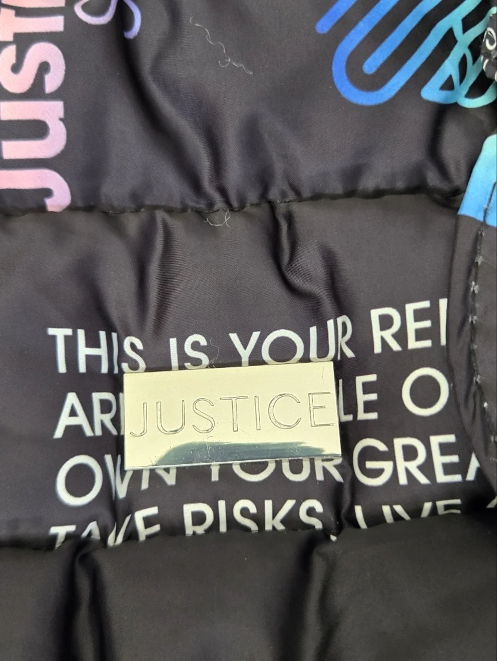 Justice Sport Puffer Shoulder Bag Black Multicolor Logo | Y2K Trendy Crossbody T